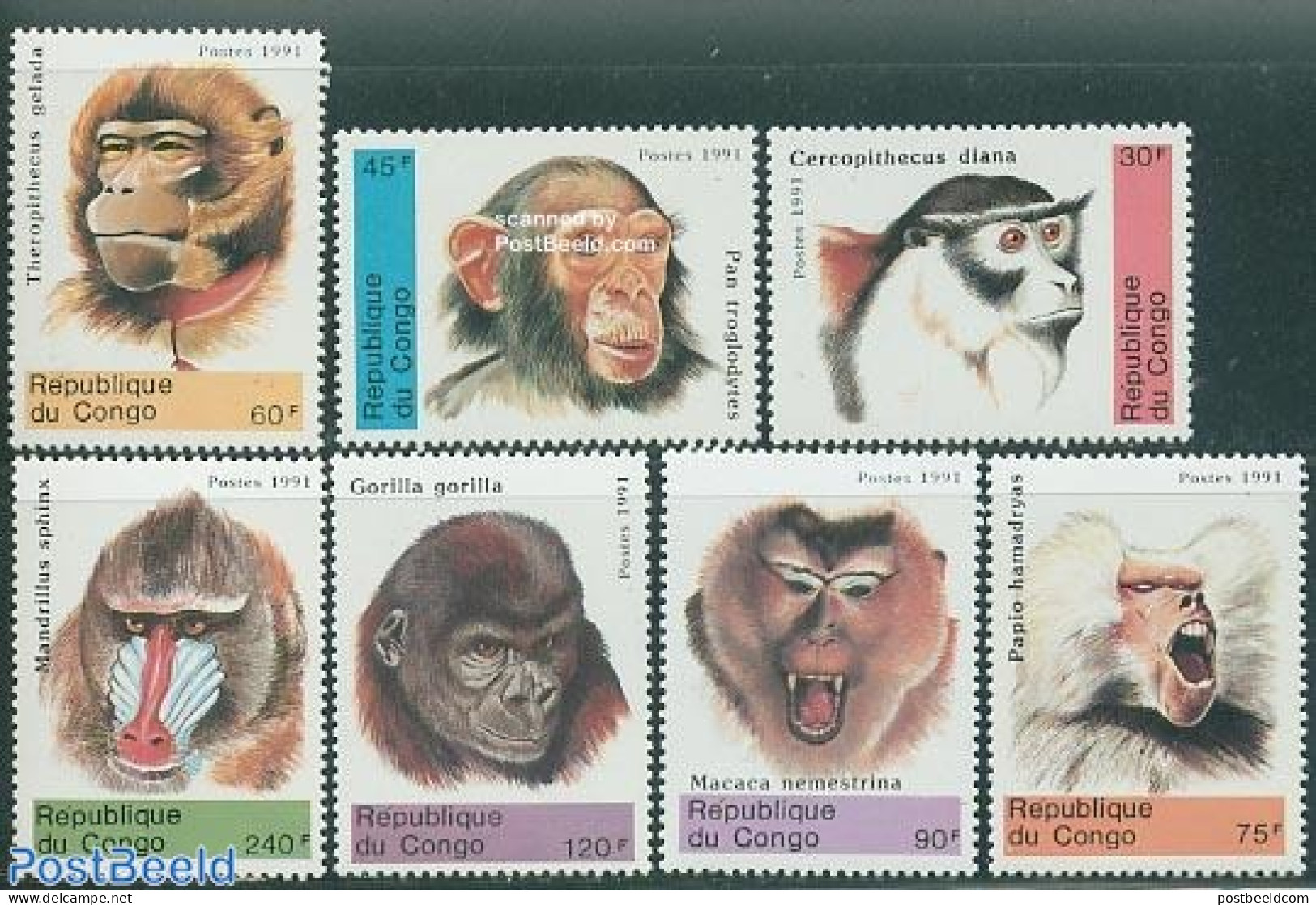 Congo Republic 1991 Monkeys 7v, Mint NH, Nature - Monkeys - Sonstige & Ohne Zuordnung