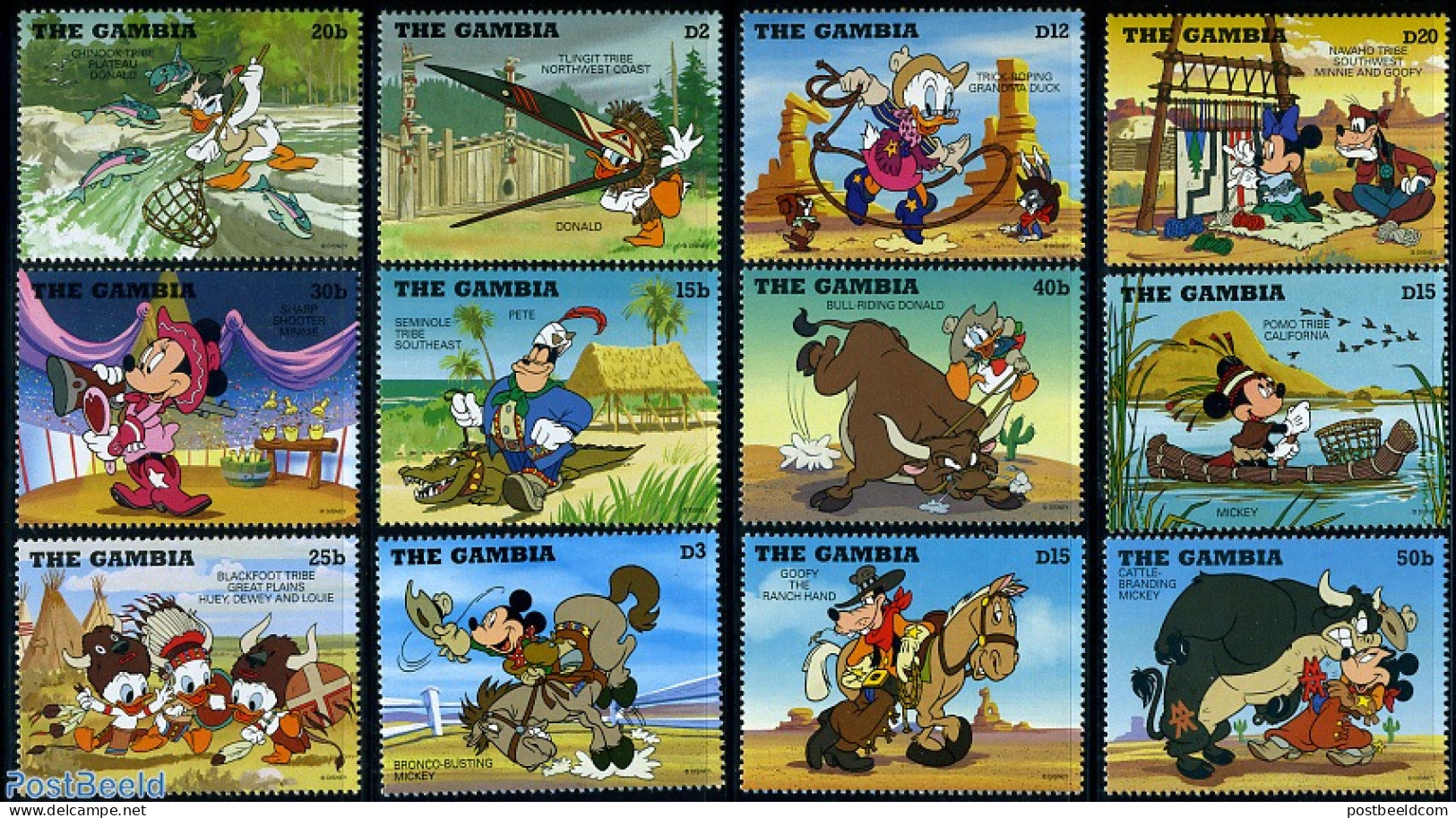Gambia 1995 Disney 12v, Cowboys & Indians, Mint NH, Nature - Transport - Various - Crocodiles - Fishing - Ships And Bo.. - Vissen