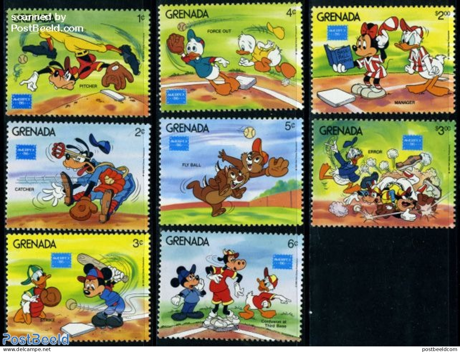 Grenada 1986 Ameripex, Disney 8v, Mint NH, Sport - Baseball - Art - Disney - Baseball