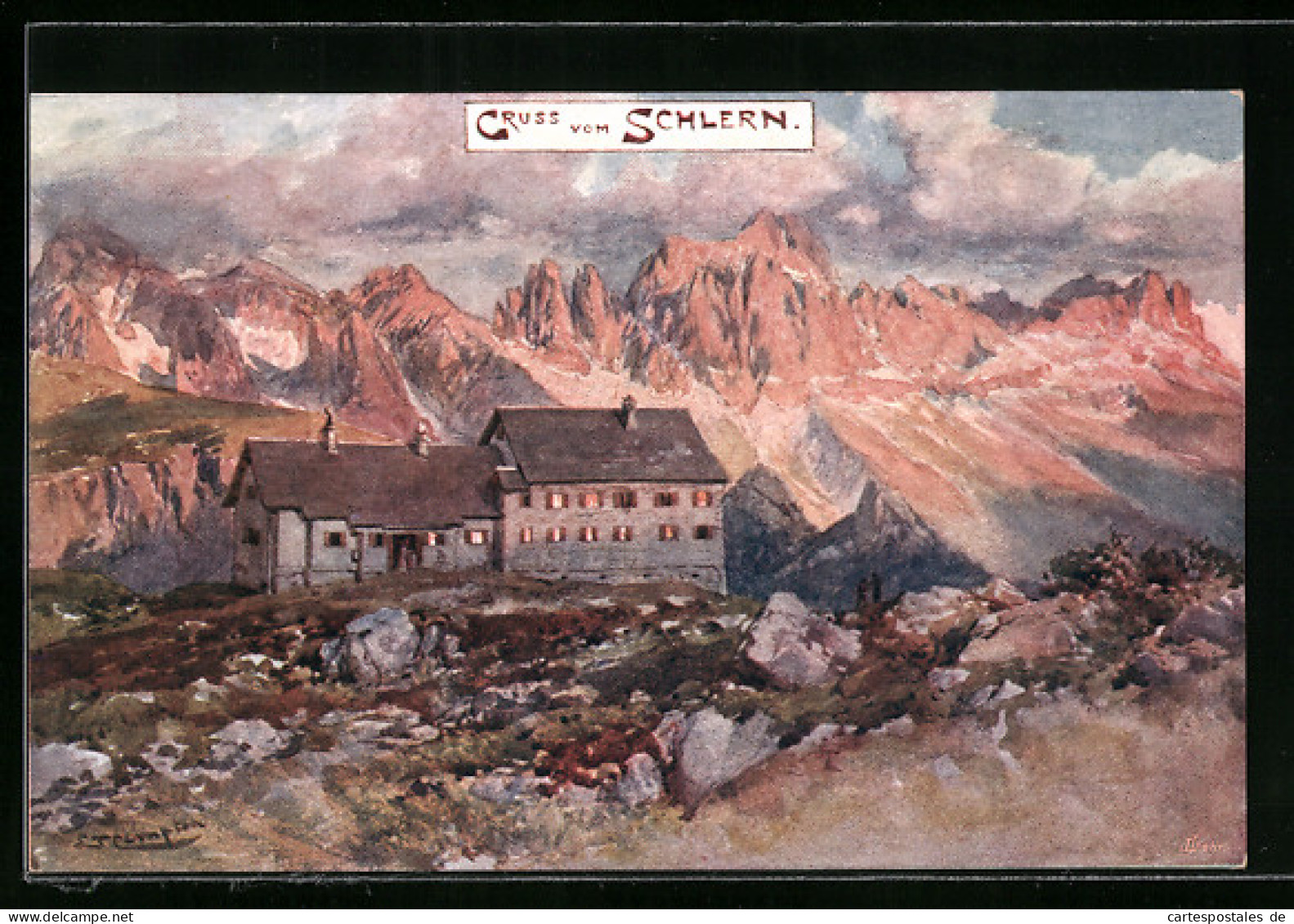 Künstler-AK Edward Theodore Compton: Schlern, Berghütte Mit Bergglühen  - Compton, E.T.
