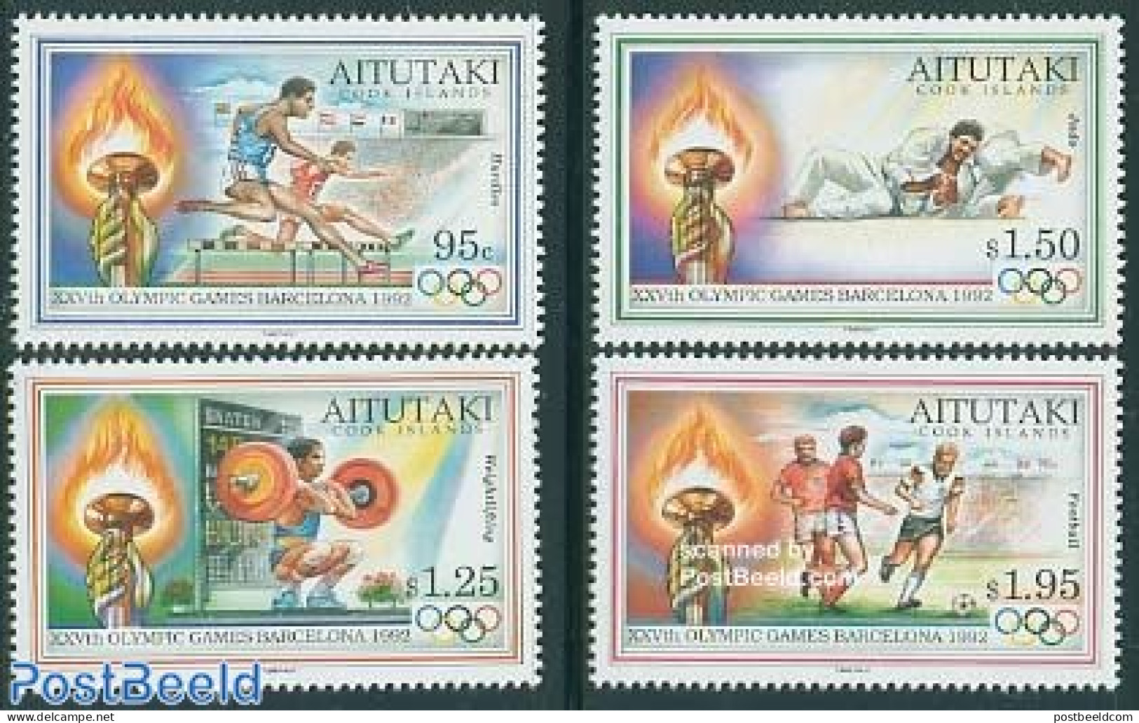Aitutaki 1992 Olympic Games Barcelona 4v, Mint NH, Sport - Athletics - Football - Judo - Olympic Games - Weightlifting - Athletics