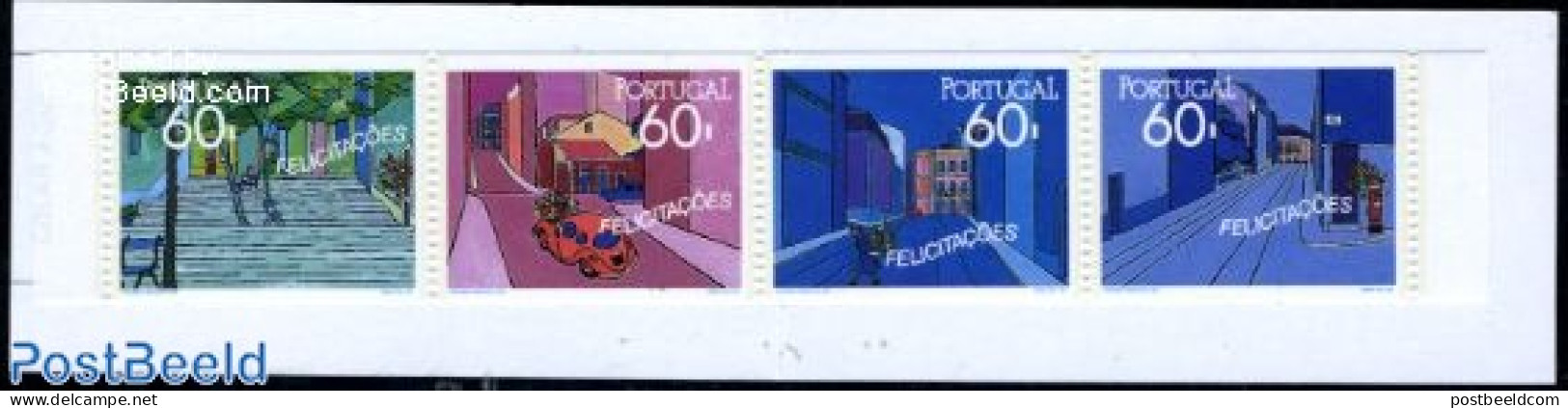 Portugal 1990 Greeting Stamps 4v In Booklet, Mint NH, Transport - Stamp Booklets - Automobiles - Railways - Unused Stamps