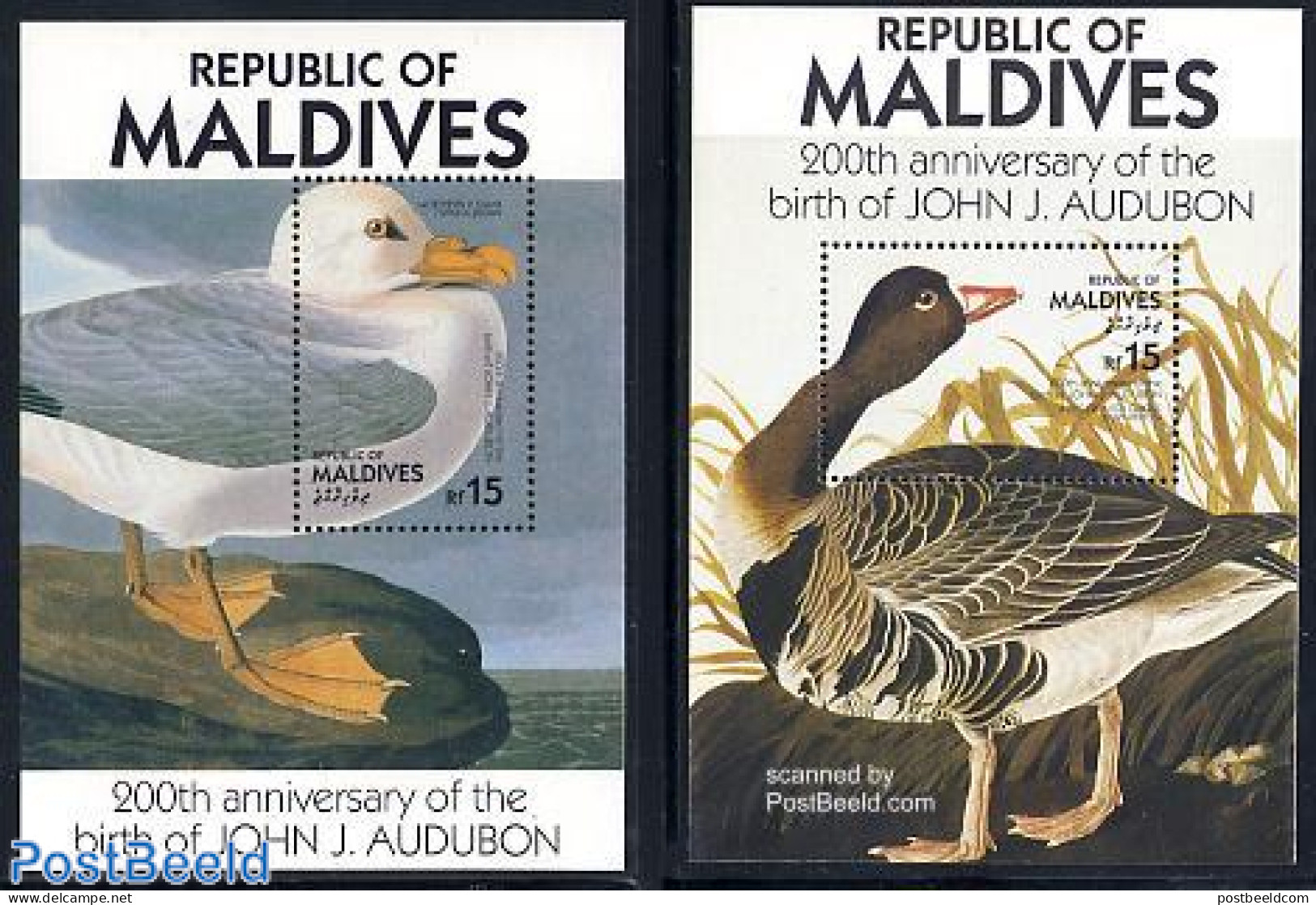 Maldives 1986 Audubon 2 S/s, Mint NH, Nature - Birds - Geese - Maldivas (1965-...)