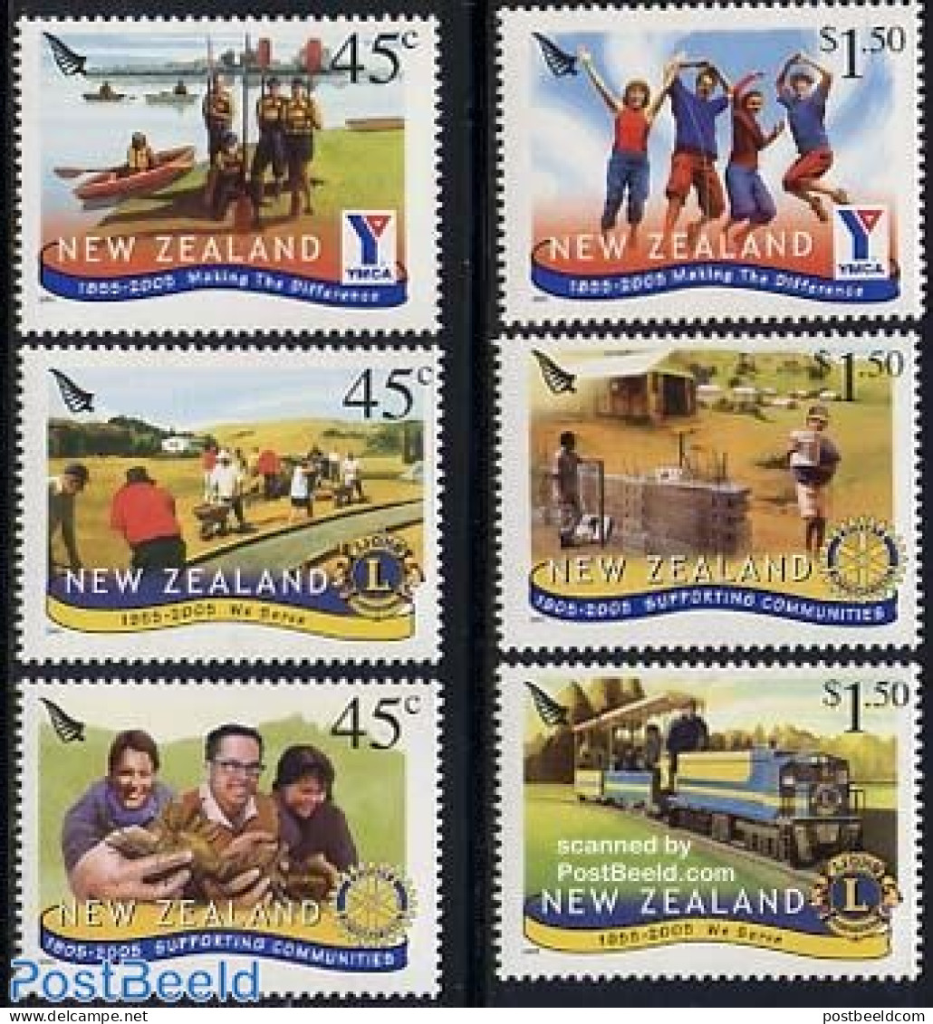 New Zealand 2005 Rotary, Lions, YMCA 6v, Mint NH, Sport - Transport - Various - Kayaks & Rowing - Railways - Ships And.. - Unused Stamps