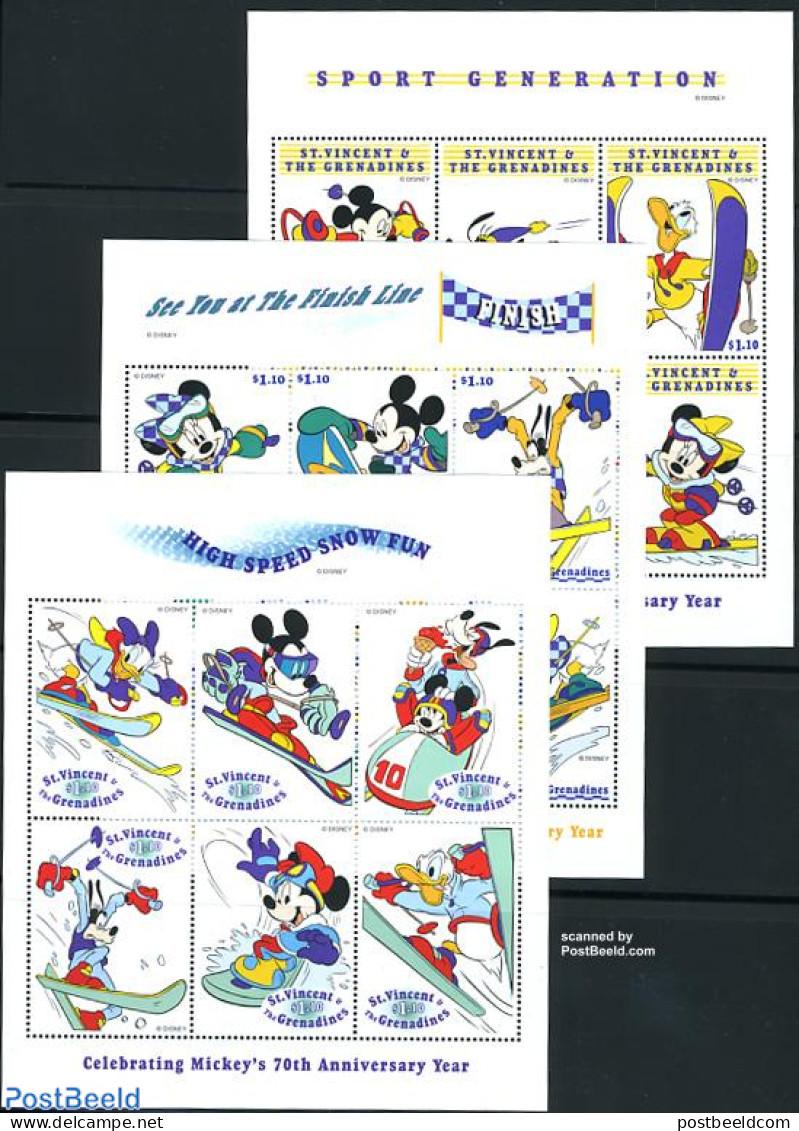 Saint Vincent 1999 Disney, Winter Sports 18v (3 M/s), Mint NH, Sport - (Bob) Sleigh Sports - Skiing - Art - Disney - Invierno