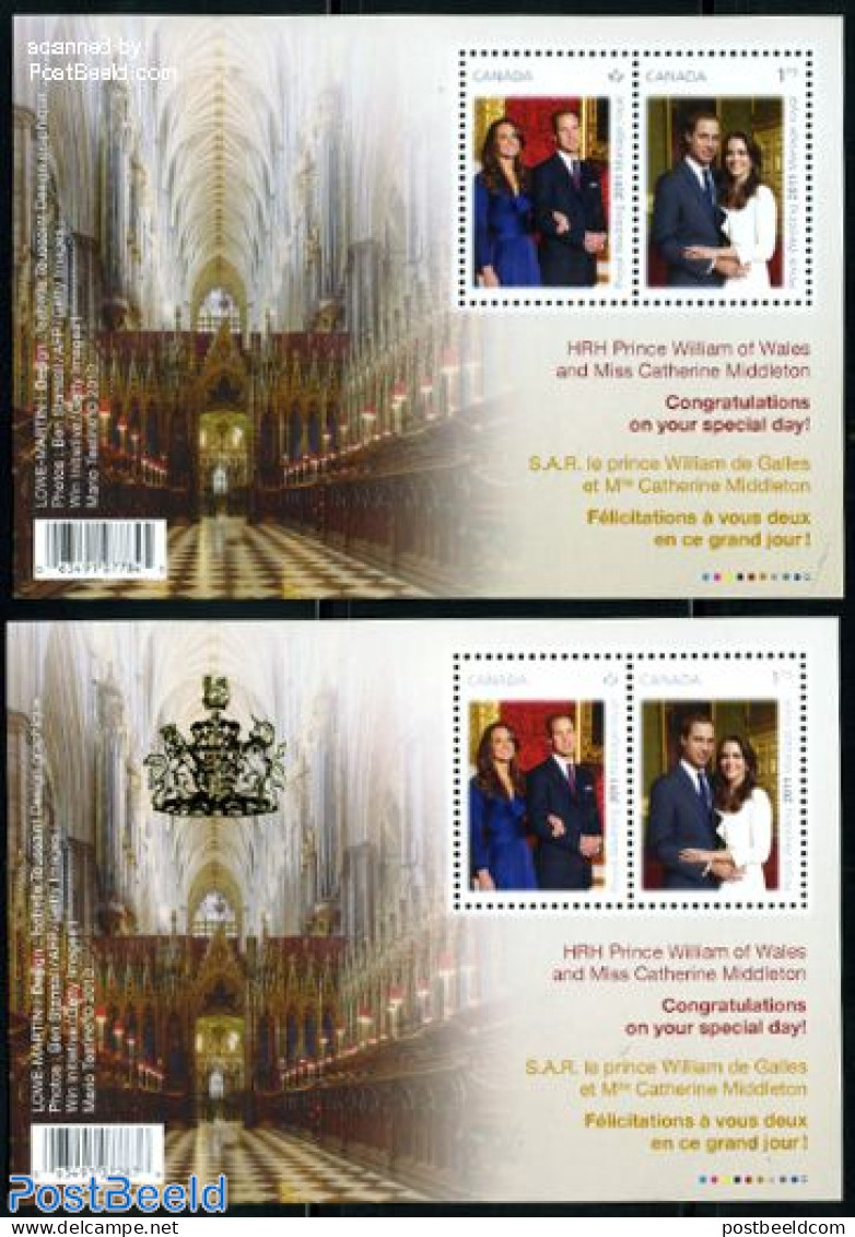 Canada 2011 William & Kate Wedding 2 S/s (1 With Crown), Mint NH, History - Kings & Queens (Royalty) - Neufs