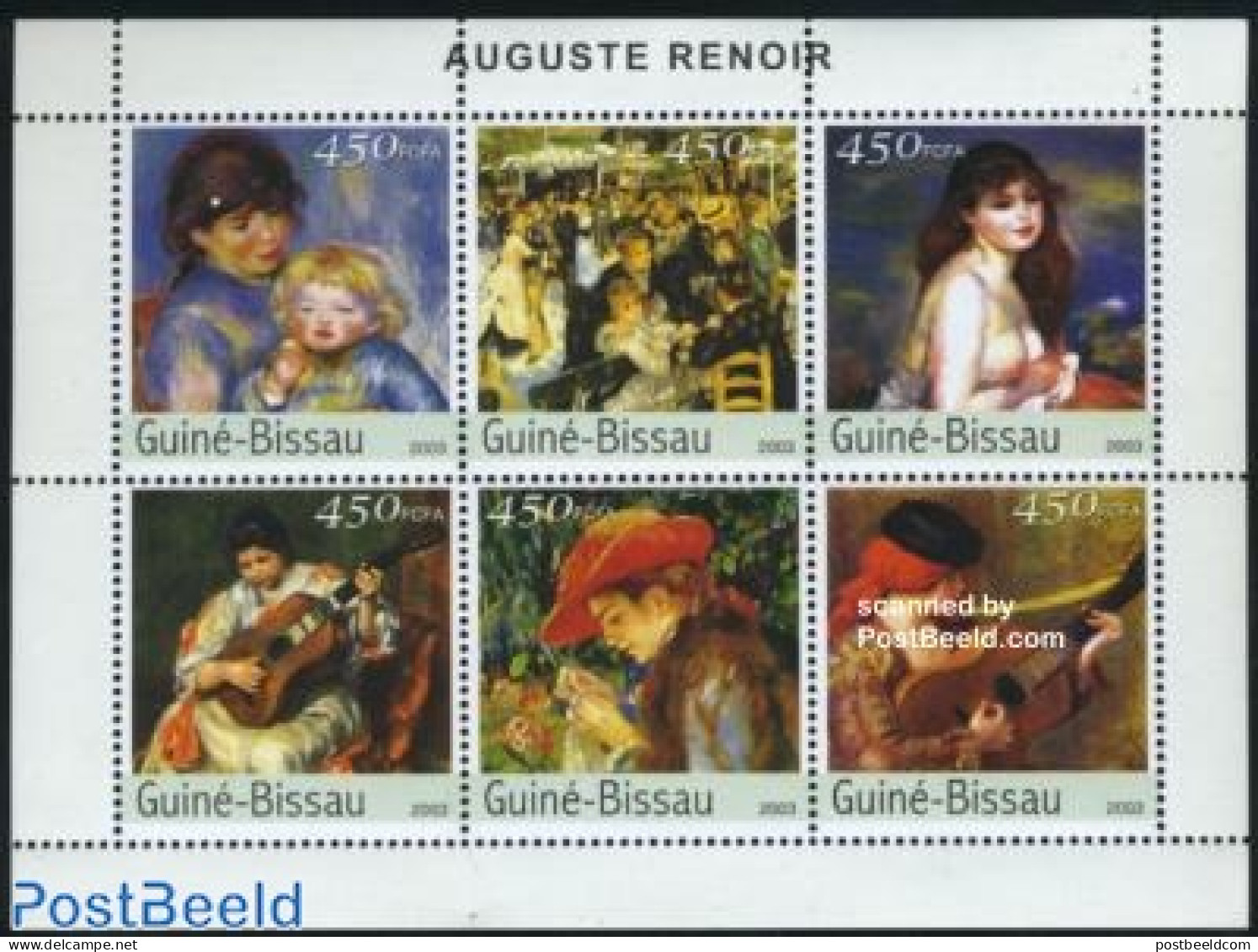 Guinea Bissau 2003 Renoir Paintings 6v M/s, Mint NH, Performance Art - Music - Art - Modern Art (1850-present) - Nude .. - Musique