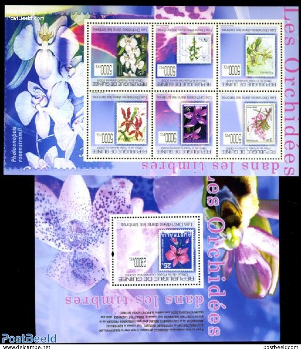 Guinea, Republic 2009 Orchids On Stamps 2 S/s, Mint NH, Nature - Flowers & Plants - Orchids - Stamps On Stamps - Timbres Sur Timbres
