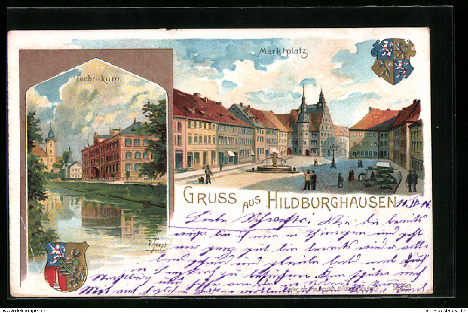 Lithographie Hildburghausen, Technikum, Marktplatz, Wappen  - Hildburghausen