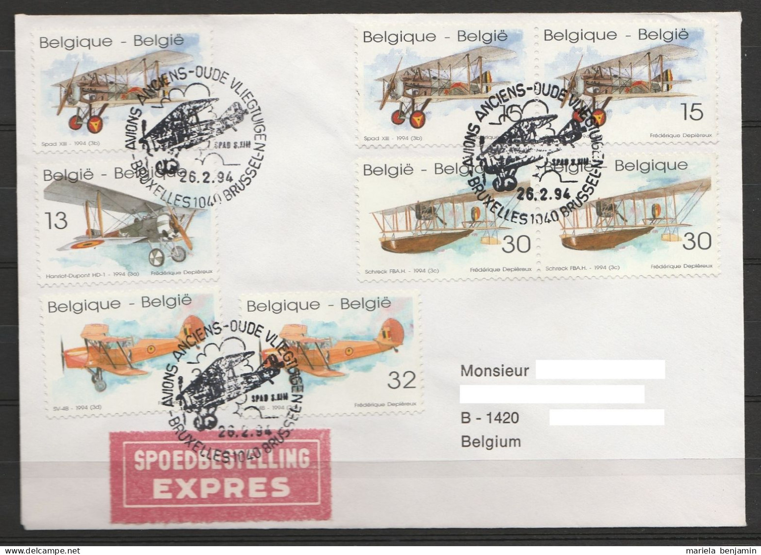 Belgique - Lettre EXPRES Affr. N°2543/46 Avions Anciens Oblit 1e Jour Bruxelles 26.2.1994 - Storia Postale
