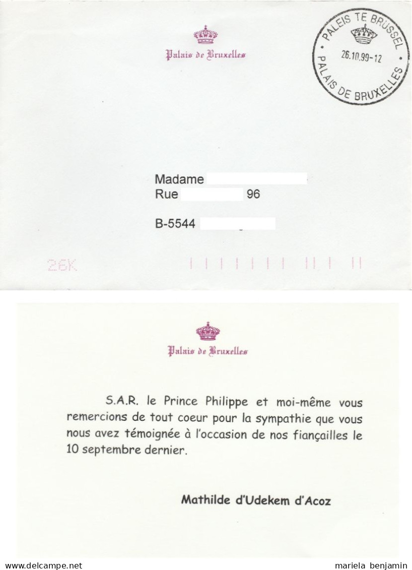 Belgique - Carte De Remerciements De La Princesse Mathilde Càd 'Palais De Bruxelles' 26/10/1999 (Royauté Dynastie) - Portofreiheit