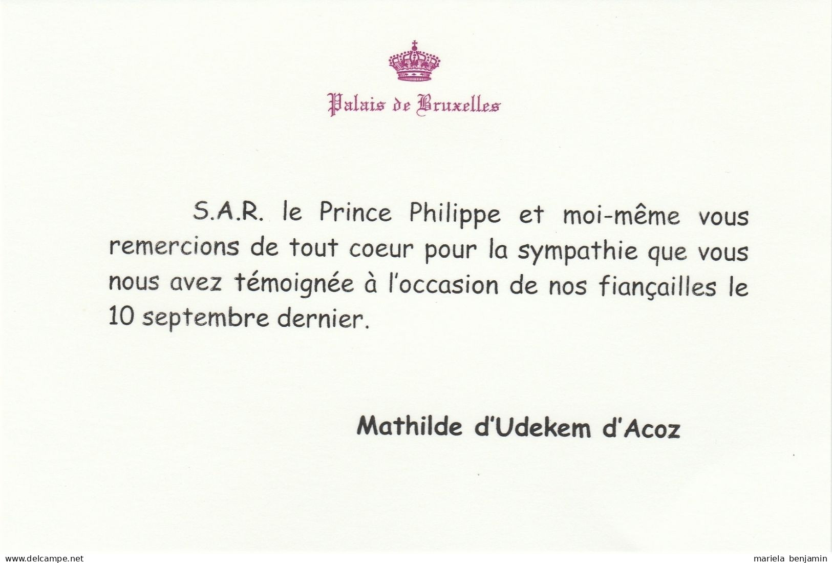 Belgique - Carte De Remerciements De La Princesse Mathilde Càd 'Palais De Bruxelles' 26/10/1999 (Royauté Dynastie) - Zonder Portkosten