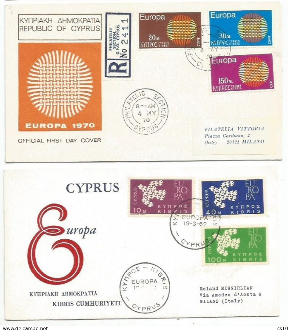 FDC Europa CEPT 1962 + 1970 From Cyprus Both Registered To Italy - Cartas