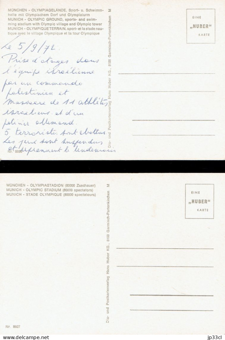 München, Münich : 2 CP Non Circulées (Stade, Village & Tour) Avec Texte Manuscrit Au Dos Sur Les événements Du 5/9/1972 - Olympic Games