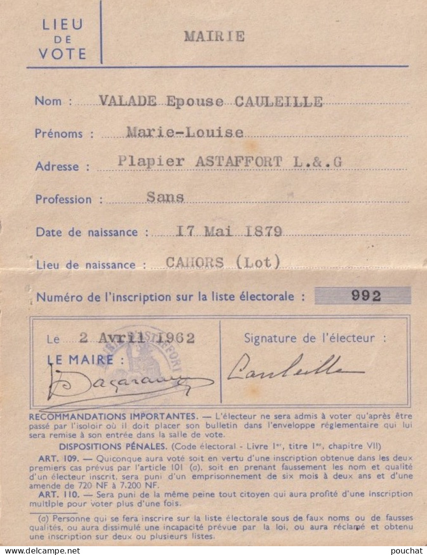 X8- CARTE D ' ELECTEUR - MAIRIE D ' ASTAFFORT  -  LOT ET GARONNE - 1962 -  ( 2 SCANS ) - Documenti Storici