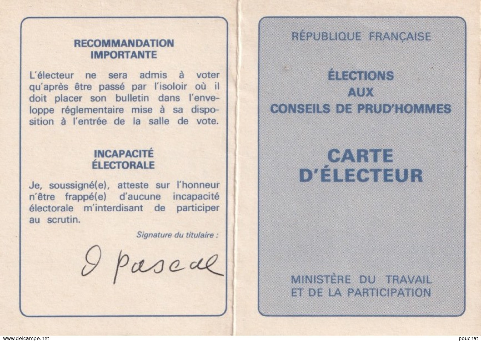 X8- CARTE D ' ELECTEUR - ELECTIONS AUX CONDEILS DE PRUD ' HOMMES  - CAPDENAC GARE - SALLE MAIRIE - AVEYRON - ( 2 SCANS ) - Documenti Storici