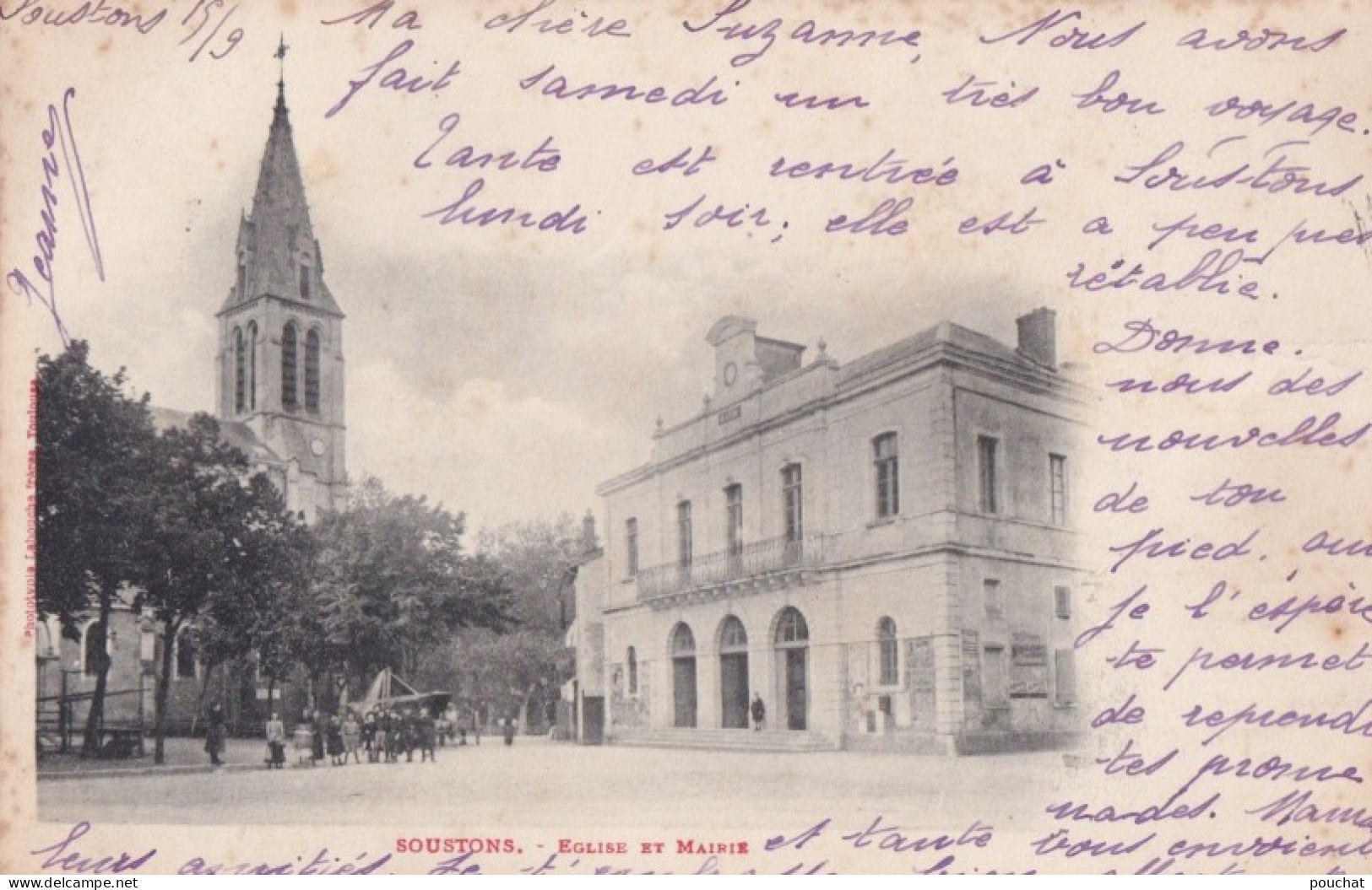 X14-40) SOUSTONS  - EGLISE ET MAIRIE - 1903 - ( 2 SCANS ) - Soustons