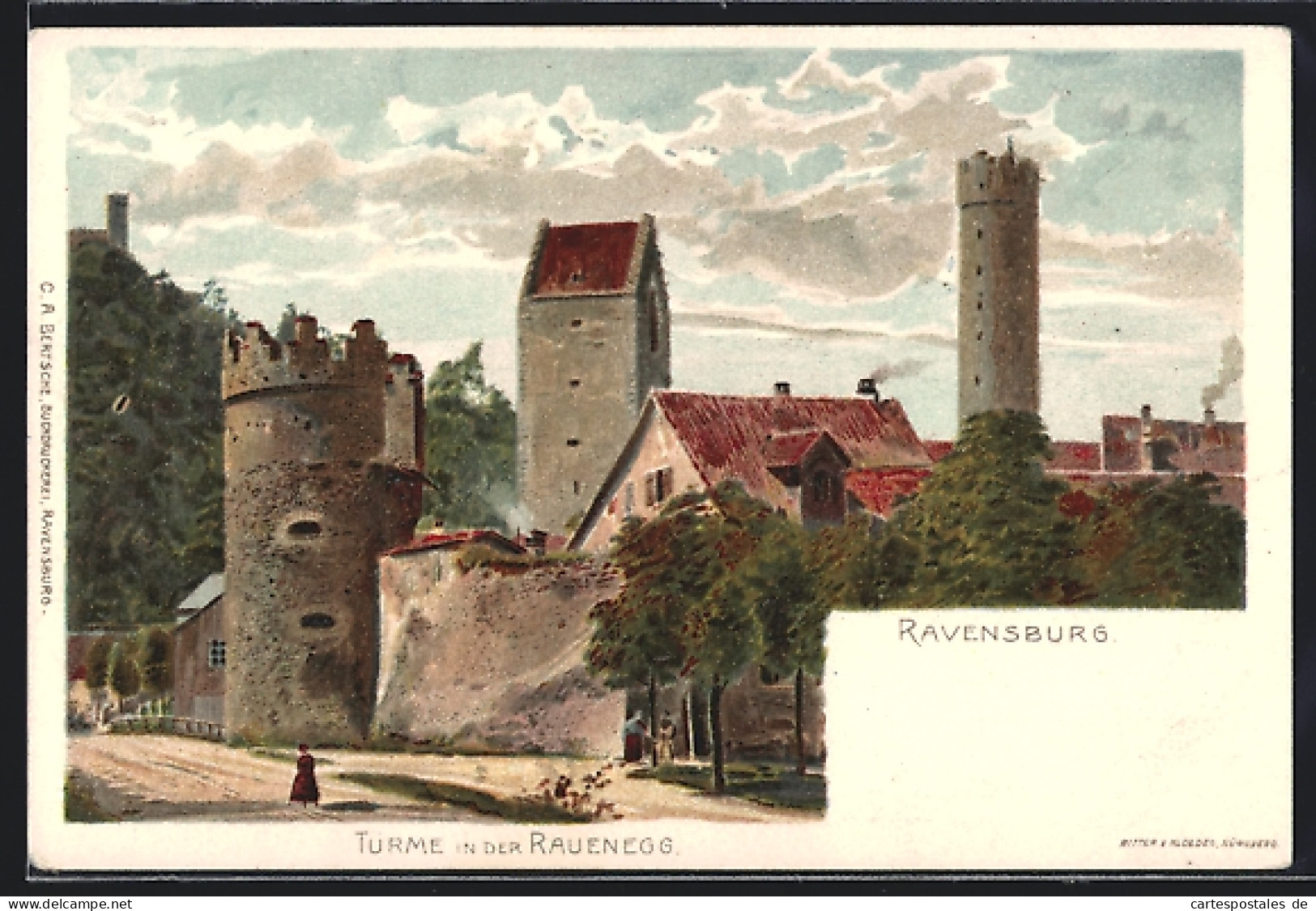 Lithographie Ravensburg, Ansicht Der Türme In Der Rauenegg  - Ravensburg