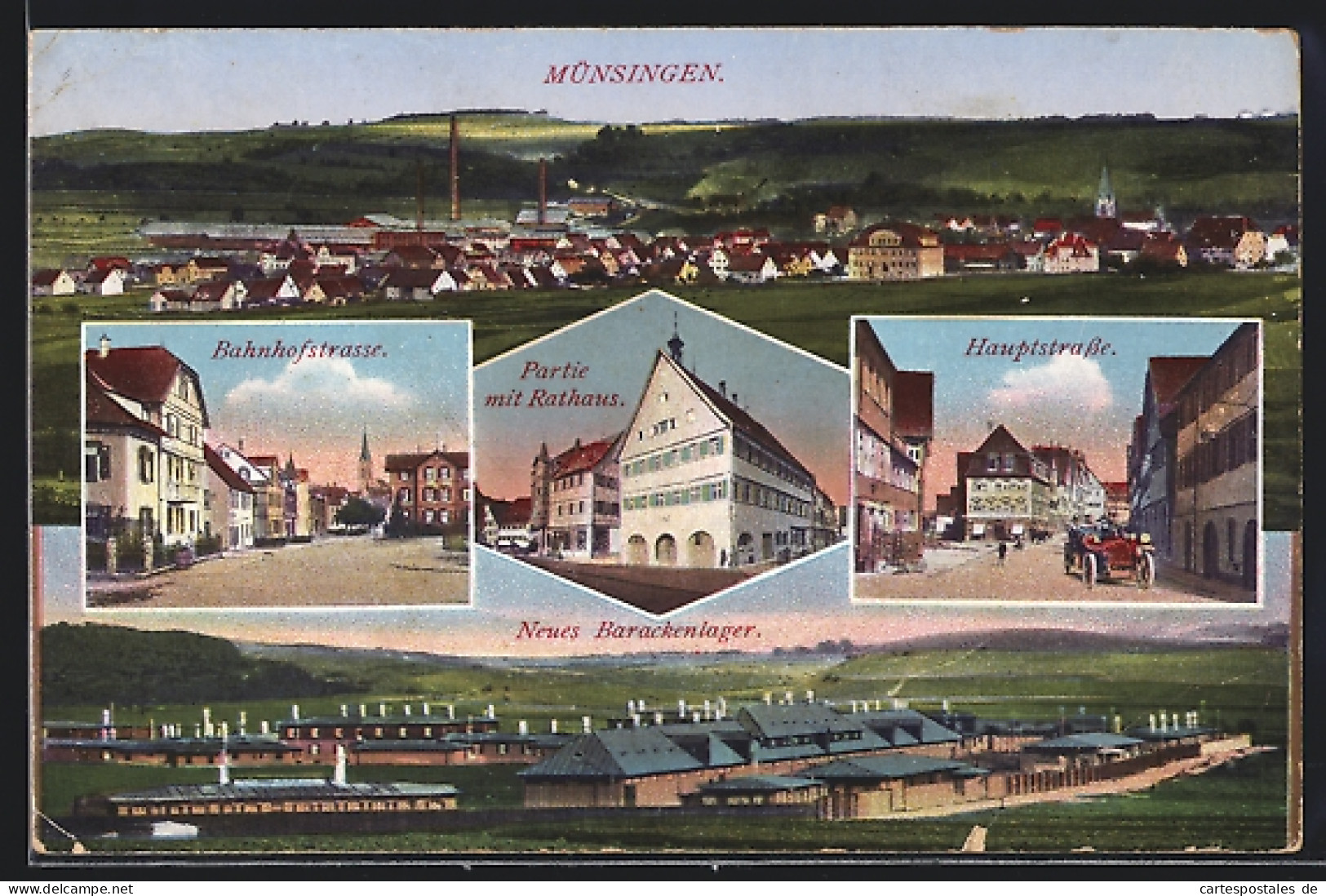 AK Münsingen, Bahnhofstrasse, Hauptstrasse, Rathaus, Neues Barackenlager  - Münsingen