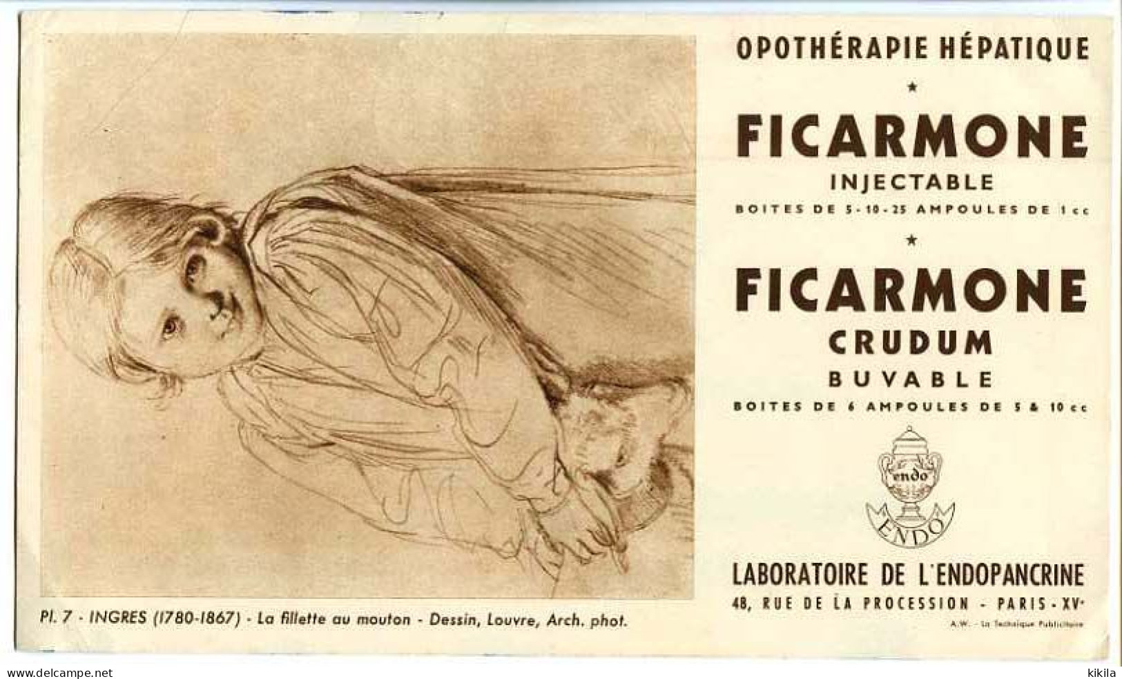 Buvard 20.9 X 12 Laboratoire De L'Endopancrine Pl. 7 INGRES (1780-1867) La Fillette Au Mouton Dessin - Chemist's