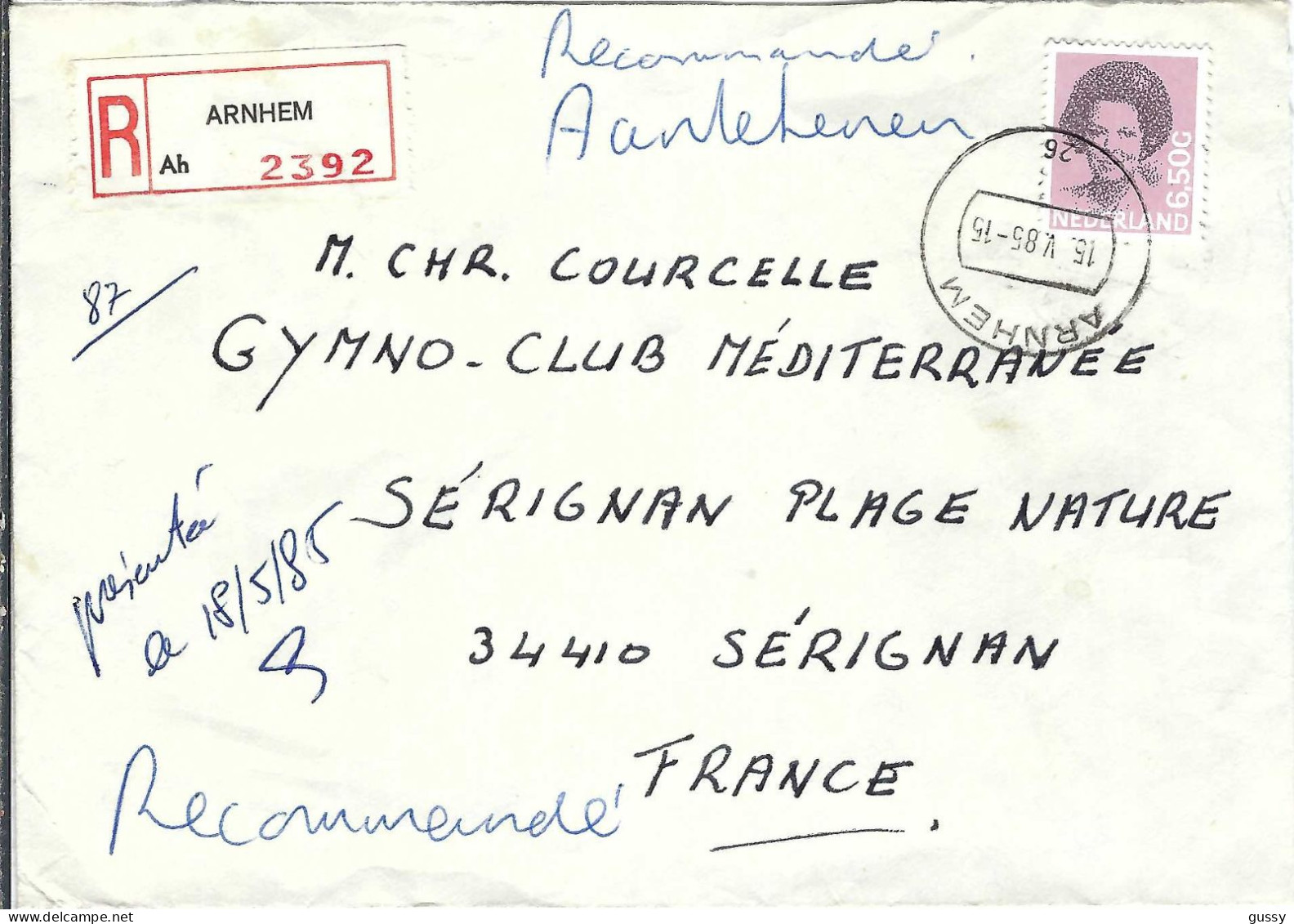 PAY BAS 1985: LSC Rec. De Arnhem Pour Sérignan (France) - Briefe U. Dokumente