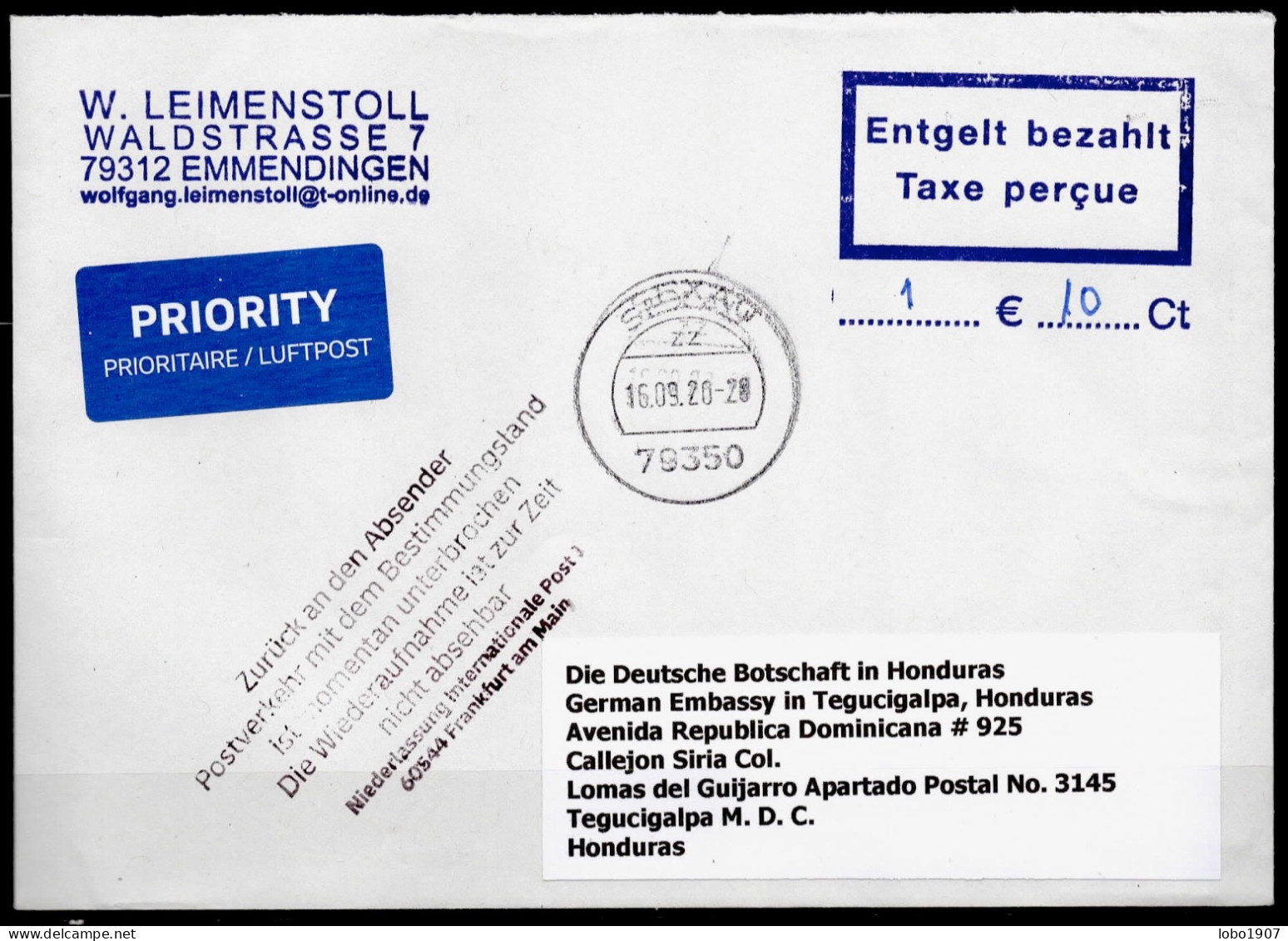 Corona Covid 19 Postal Service Interruption "Zurück An Den Absender... " Reply Coupon Paid Cover To TEGUCIGALPA HONDURAS - Honduras