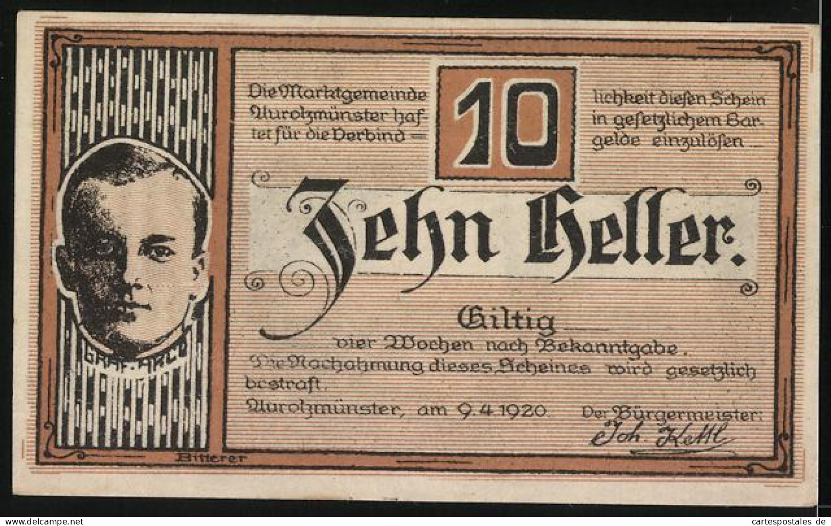 Notgeld Aurolzmünster 1920, 10 Heller, Bildnis Graf Arco, Blick Zur Kirche, Gutschein  - Austria