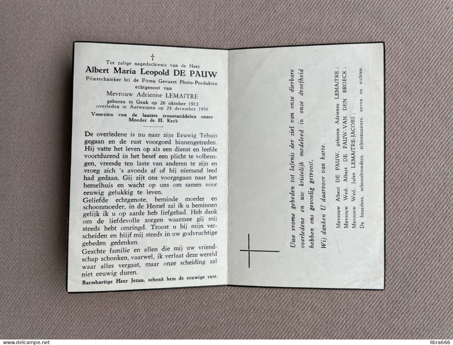 DE PAUW Albert Maria Leopold °GENK 1913 +ANTWERPEN 1958 - LEMAITRE - VAN DEN BROECK - JACOBS - Filmtechnieker Gevaert - Décès