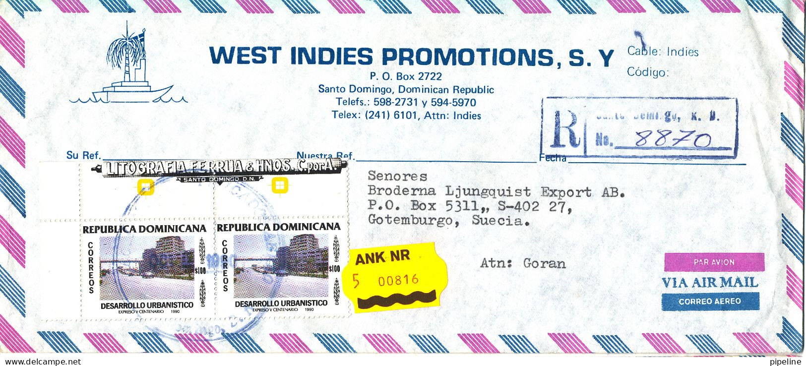 Dominican Republic Registered Air Mail Cover Sent To Sweden 2-10-1990 - Dominican Republic