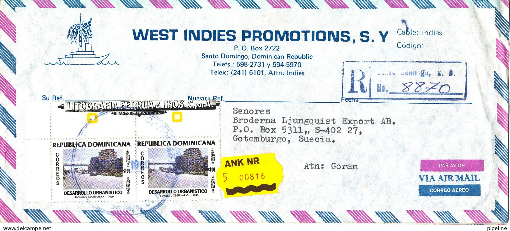 Dominican Republic Registered Air Mail Cover Sent To Sweden 2-10-1990 - Dominicaanse Republiek