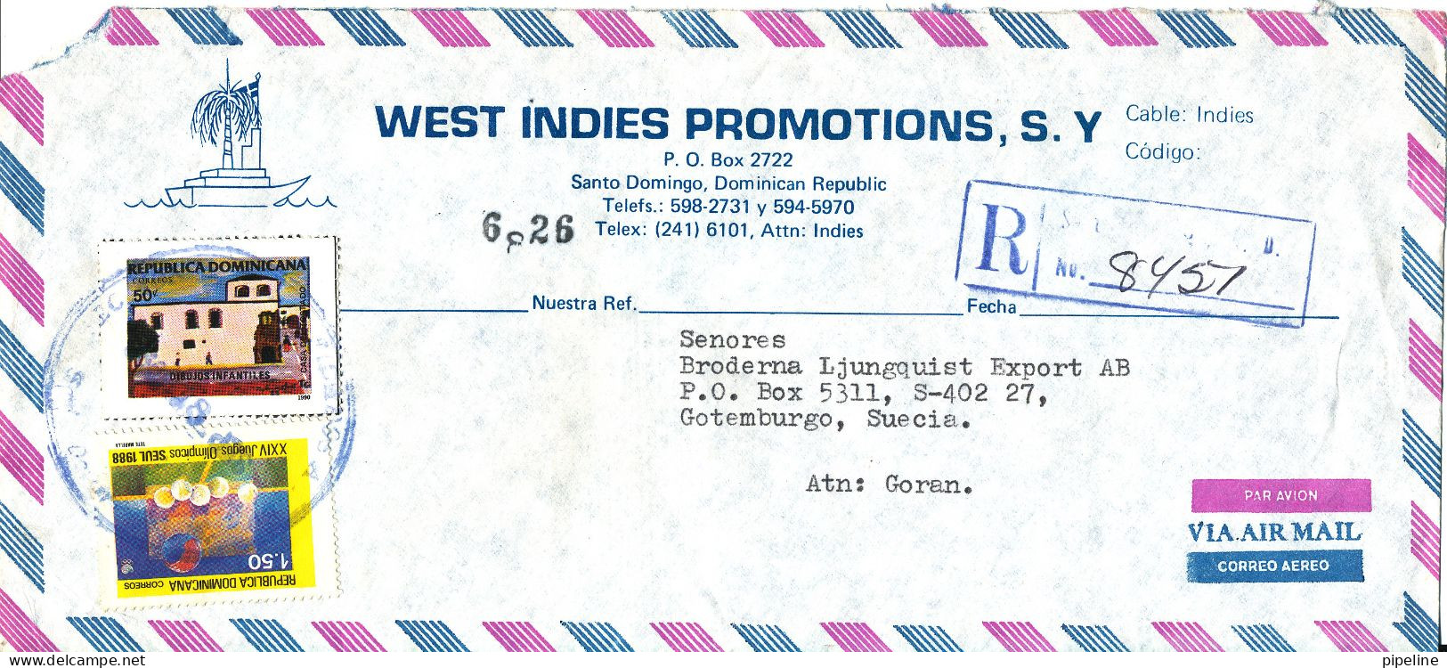 Dominican Republic Registered Air Mail Cover Sent To Sweden 18-9-1990 - Repubblica Domenicana