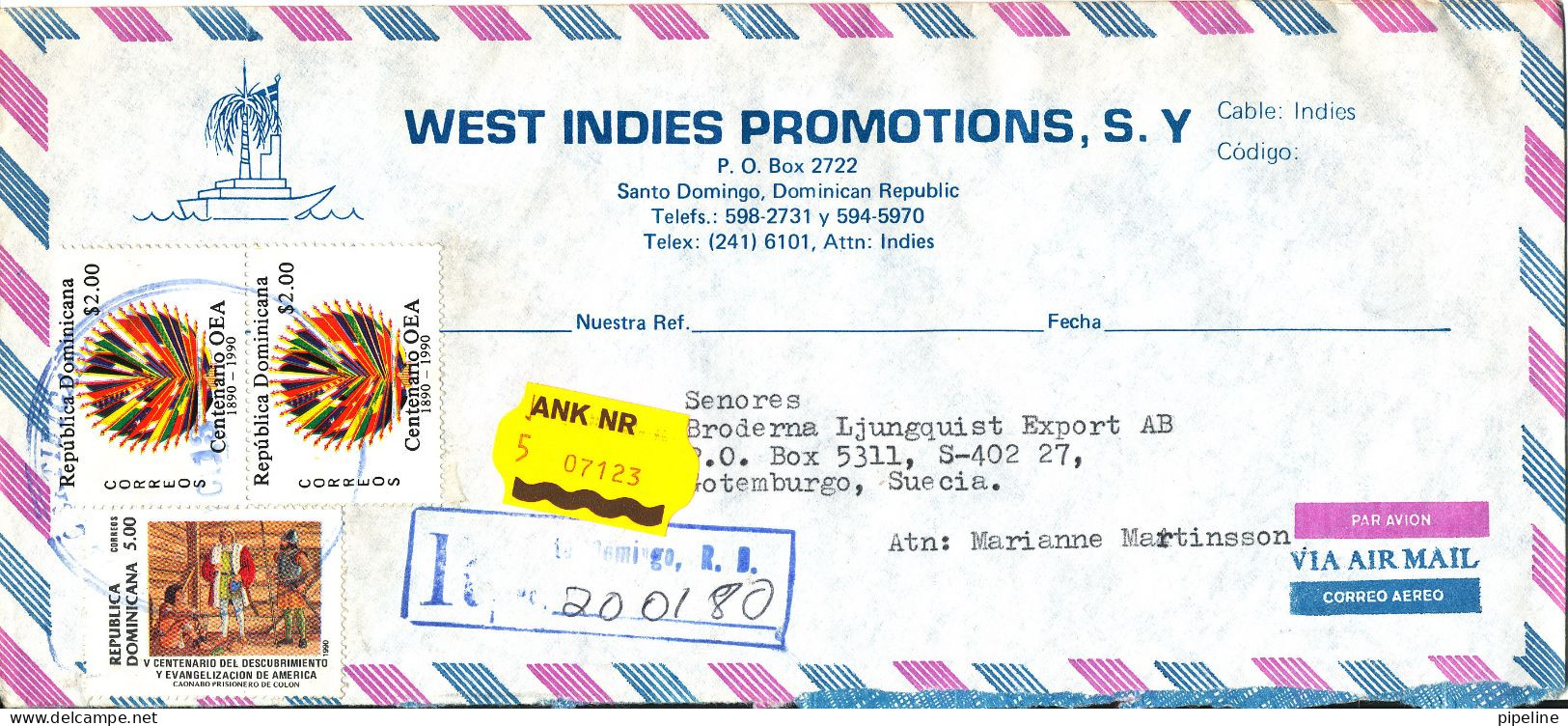 Dominican Republic Registered Air Mail Cover Sent To Sweden 13-12-1990 - Repubblica Domenicana