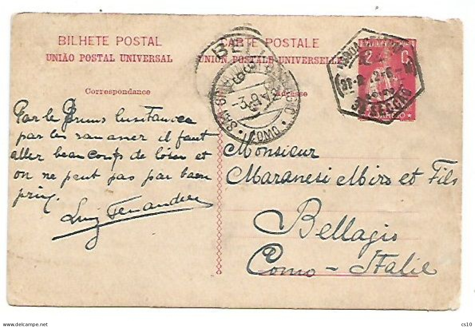 Portugal PSC C.2 Lisboa 31aug1912 X Italy - Enteros Postales