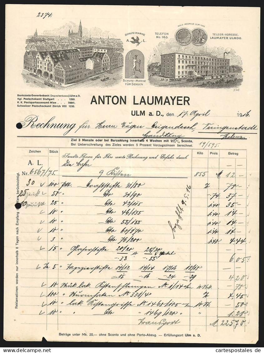 Rechnung Ulm A. D. 1916, Firma Anton Laumayer, Ansicht Der Betriebsstellen, Schutzmarken Und Preis-Medaille  - Autres & Non Classés