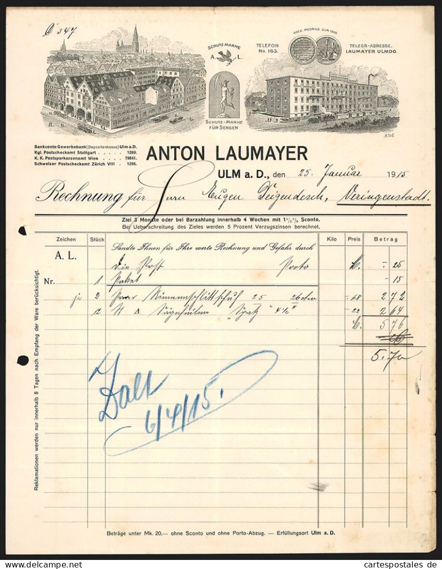 Rechnung Ulm A. D. 1915, Firma Anton Laumayer, Ansicht Der Betriebsstellen, Schutzmarken Und Preis-Medaille  - Autres & Non Classés