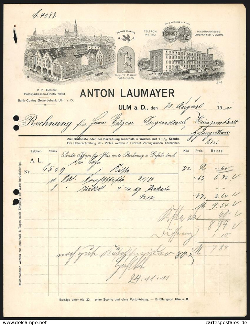 Rechnung Ulm A. D. 1911, Firma Anton Laumayer, Ansicht Der Betriebsstellen, Schutzmarken Und Preis-Medaille  - Sonstige & Ohne Zuordnung