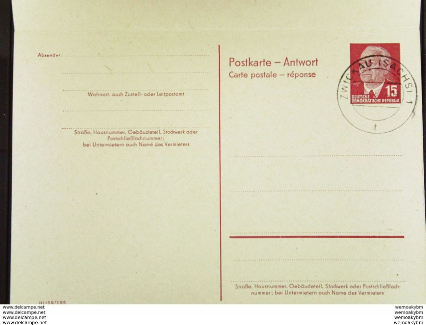 DDR: Doppel-Gs 15/15 Pf Pieck Hellsämisch Komplett Gest. Zwickau 1 Vom 28.10.65 - Beide Teile Blanko- Knr: P 65a II - Cartoline - Usati