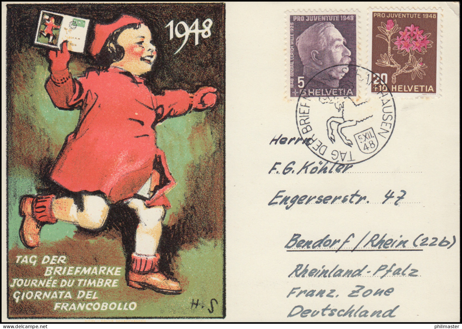 Schweiz Schmuckkarte T.d.B. 1948 SSt. TAG DER BRIEFMARKE SCHAFFHAUSEN 5.12.48 - Tag Der Briefmarke