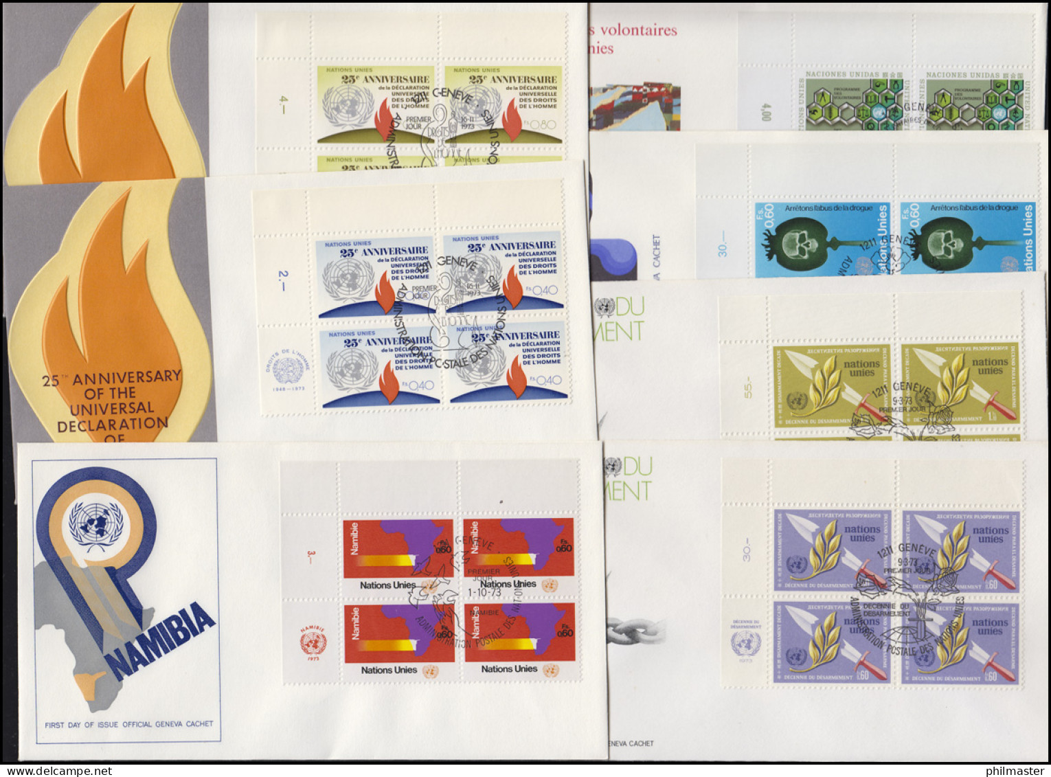 UNO Genf 30-32 Jahrgang 1973, ER-Viererblöcke OBEN Mit TAB, 7 Schmuck-FDC GENF - Sonstige & Ohne Zuordnung