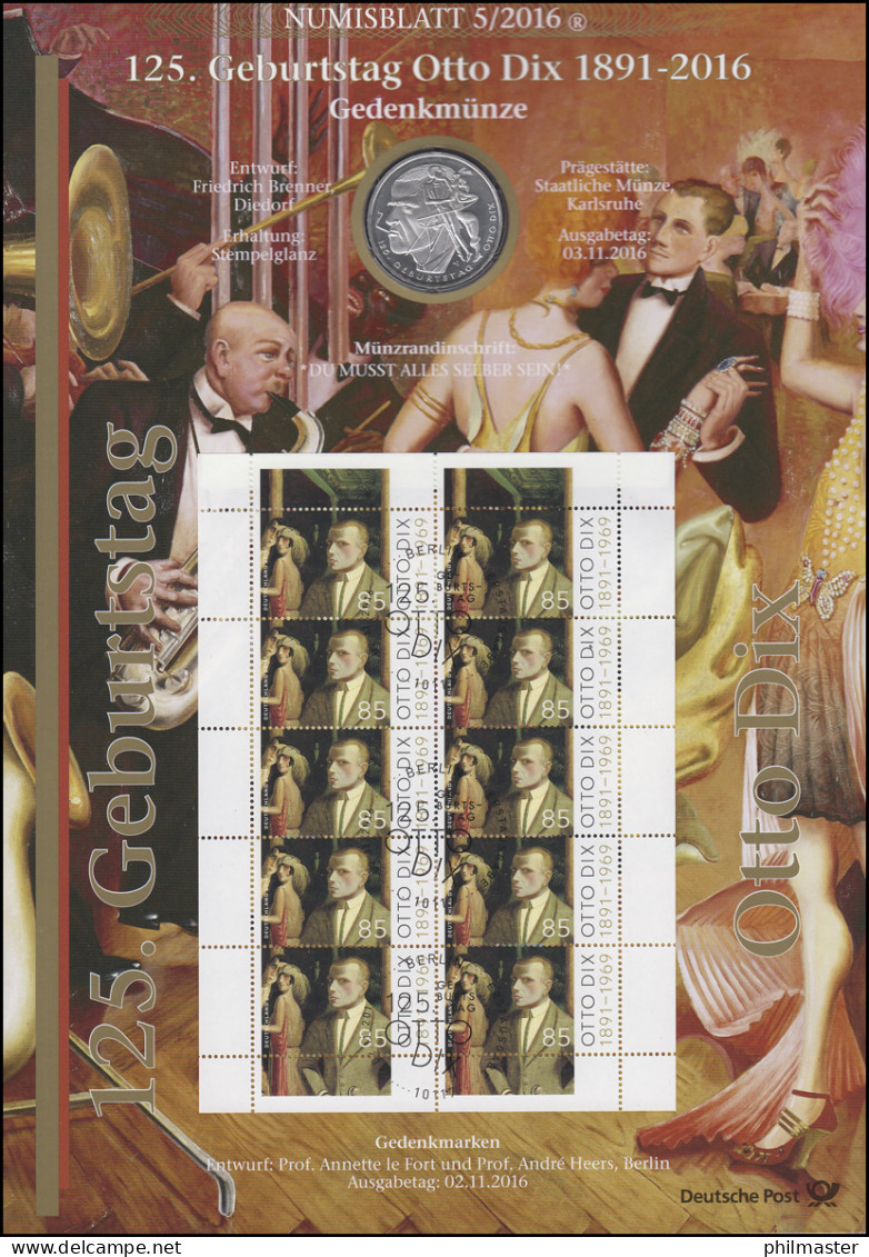 3267 125. Geburtstag Maler Und Grafiker Otto Dix - Numisblatt 5/2016 - Coin Envelopes