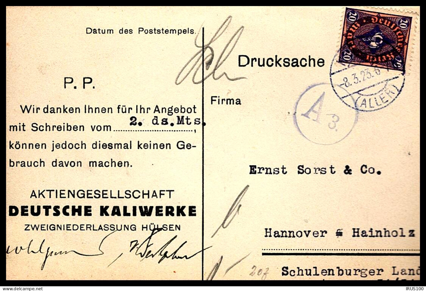 CARTE DE HÜLSEN - 1923 - POUR HANNOVER - 20pf POSTHORN - - 1922-1923 Lokalausgaben