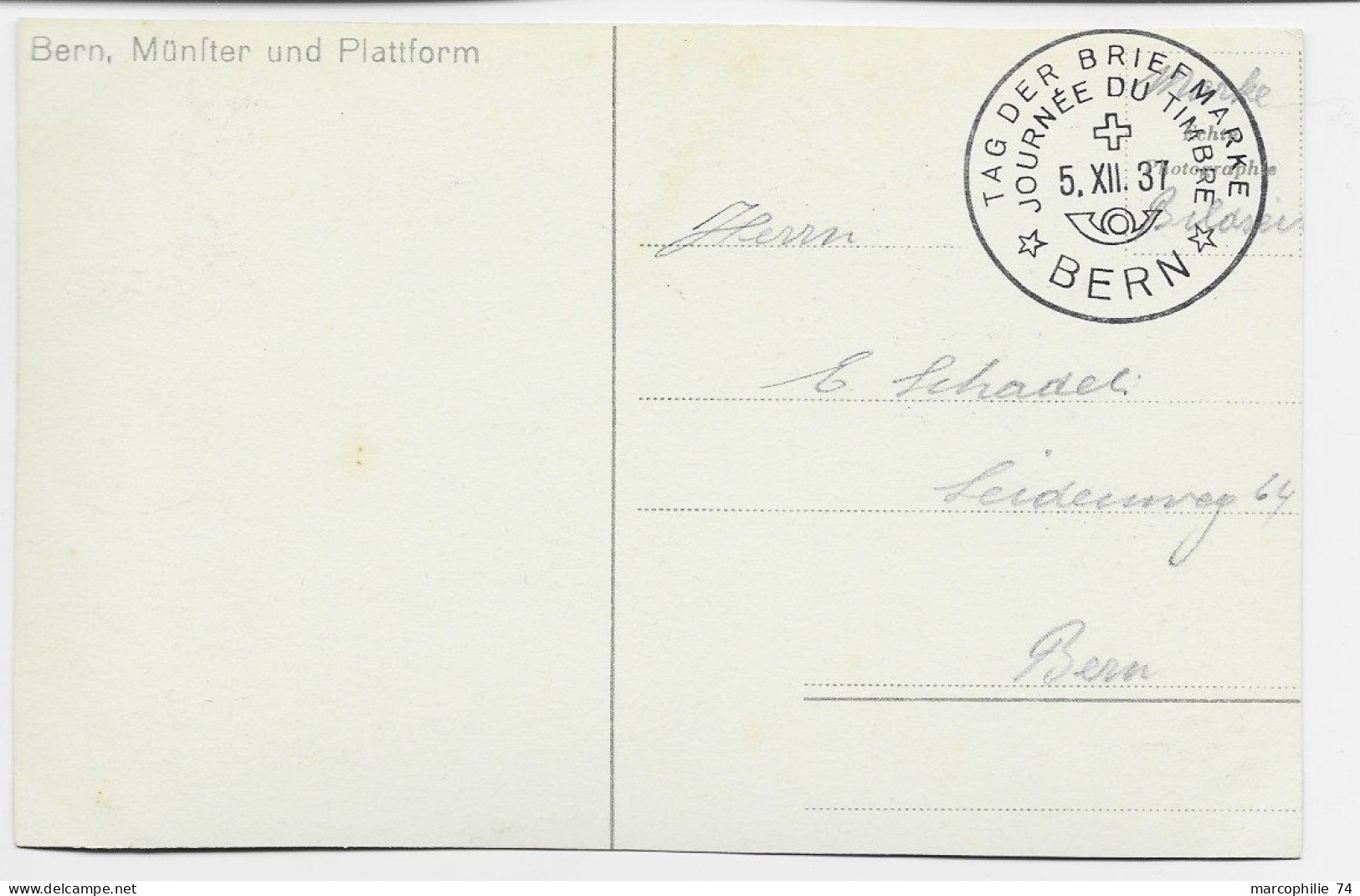 HELVETIA PROJUVENTUTE 10C AU RECTO CARTE BERN JOURNEE DU TIMBRE 5.XII.1937 - Brieven En Documenten