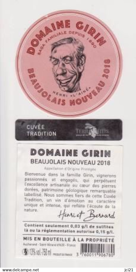 Etiquette Et Contres étiquettes  BEAUJOLAIS 2018 " Domaine GIRIN - Henri L'ainé " (2829)_ev379 - Beaujolais