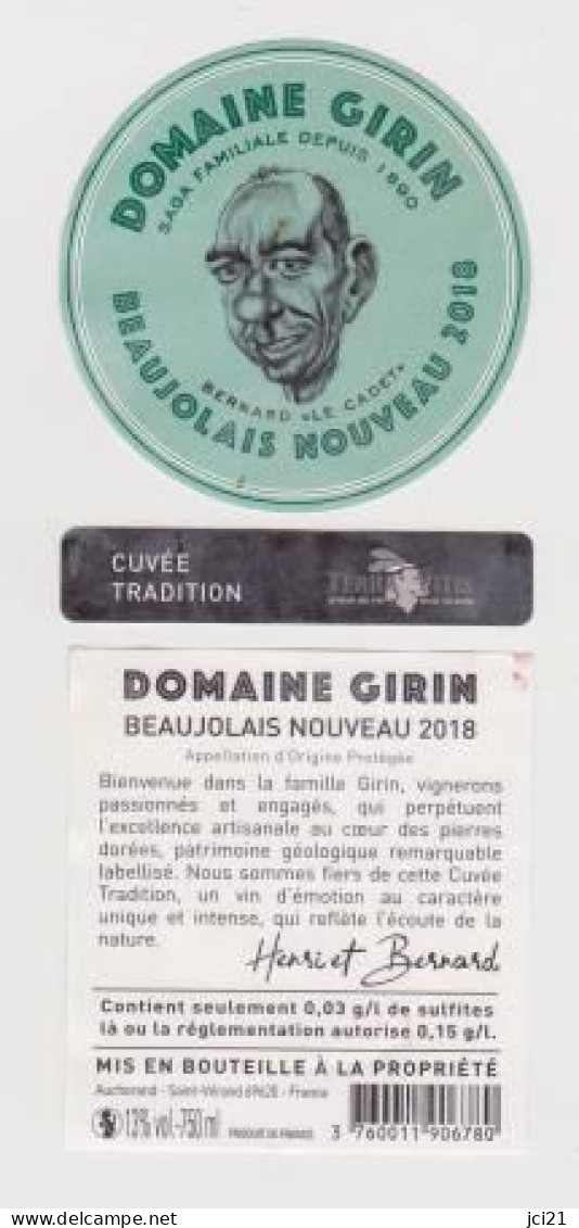 Etiquette Et Contres étiquettes  BEAUJOLAIS 2018 " Domaine GIRIN - Bernard Le Cadet " (2830)_ev380 - Beaujolais