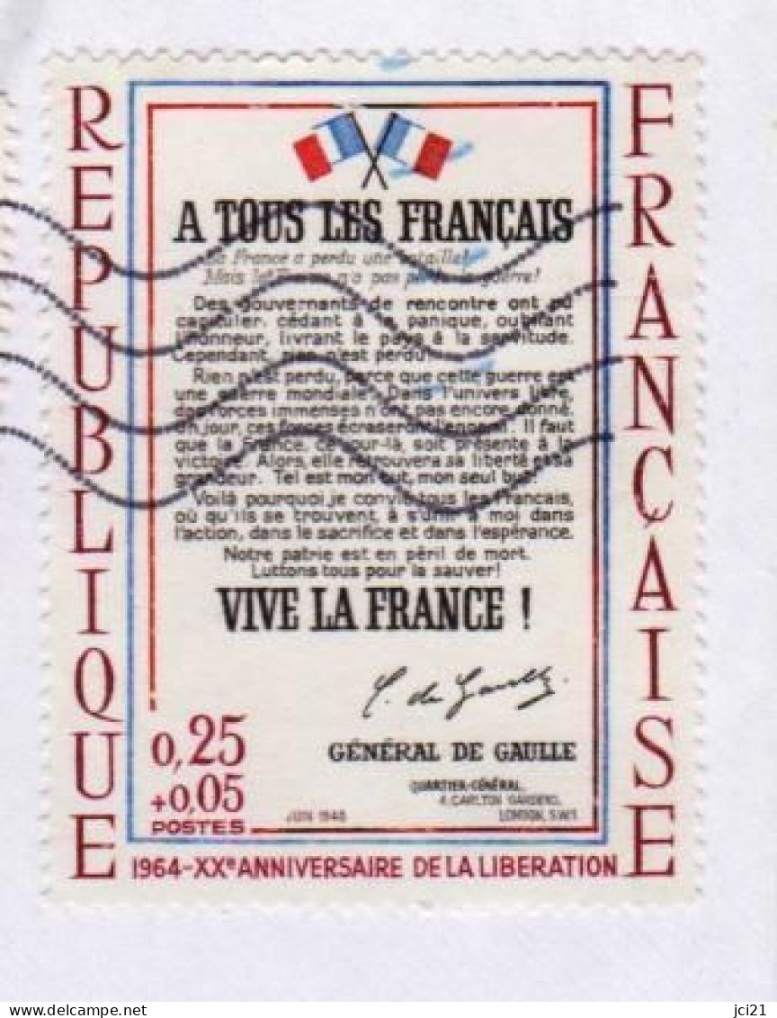 TIMBRE Y&T 1408 - 1964 " XX° ANNIVERSAIRE DE LA LIBÉRATION " OBLITÉRÉ SUR FRAGMENT (1804)_Ti859 - 2. Weltkrieg