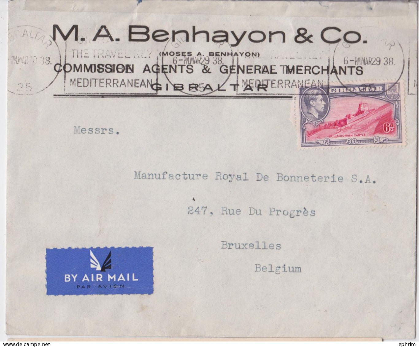 Gibraltar Benhayon Stamp Commercial Cover To Bruxelles Via Paris Aviation Service Etranger Cad Lettre Timbre 1938 - Gibraltar