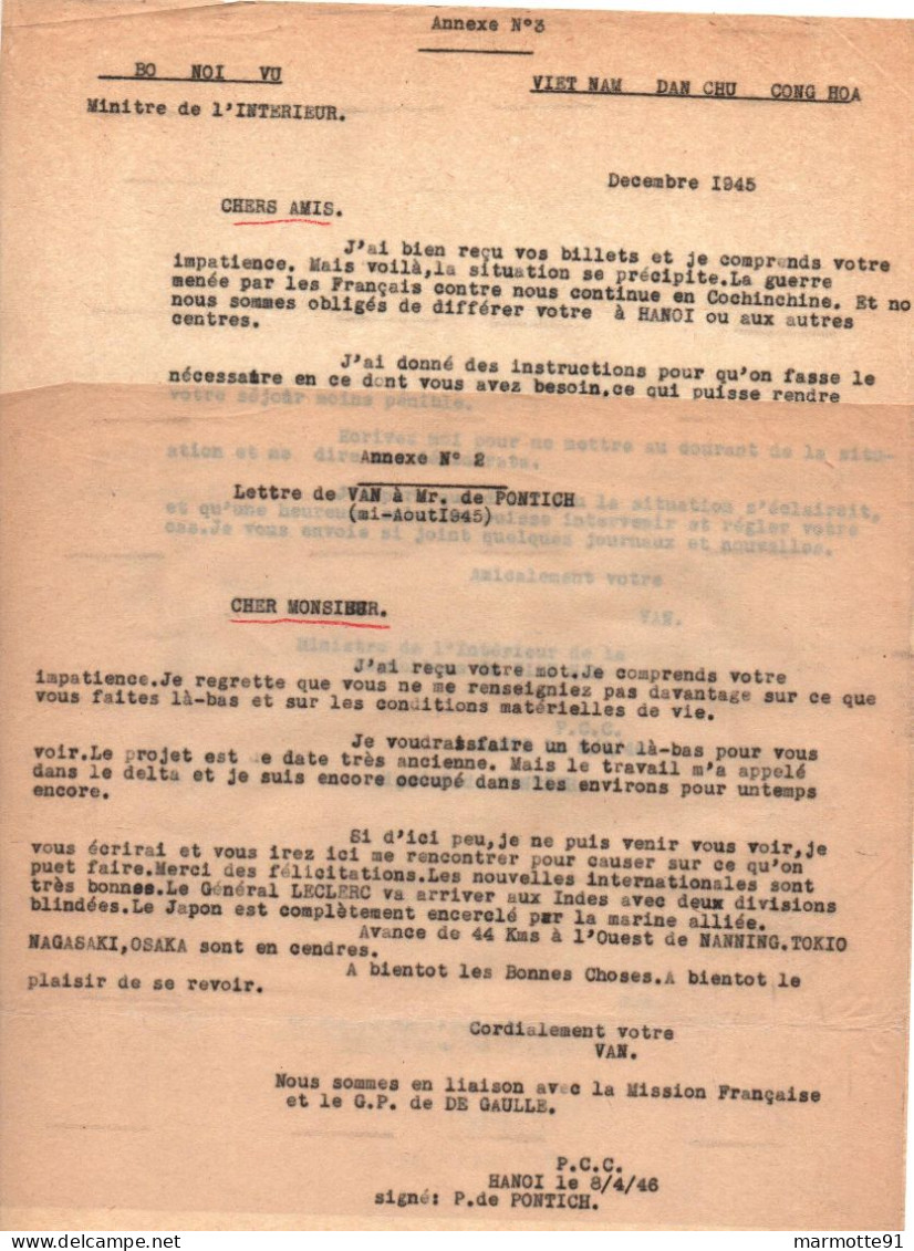 LETTRES DE VO NGUYEN GIAP A Mr. PONTICH 1946  ARMEE FRANCAISE INDOCHINE INDOCHINA  CEFEO - Francese