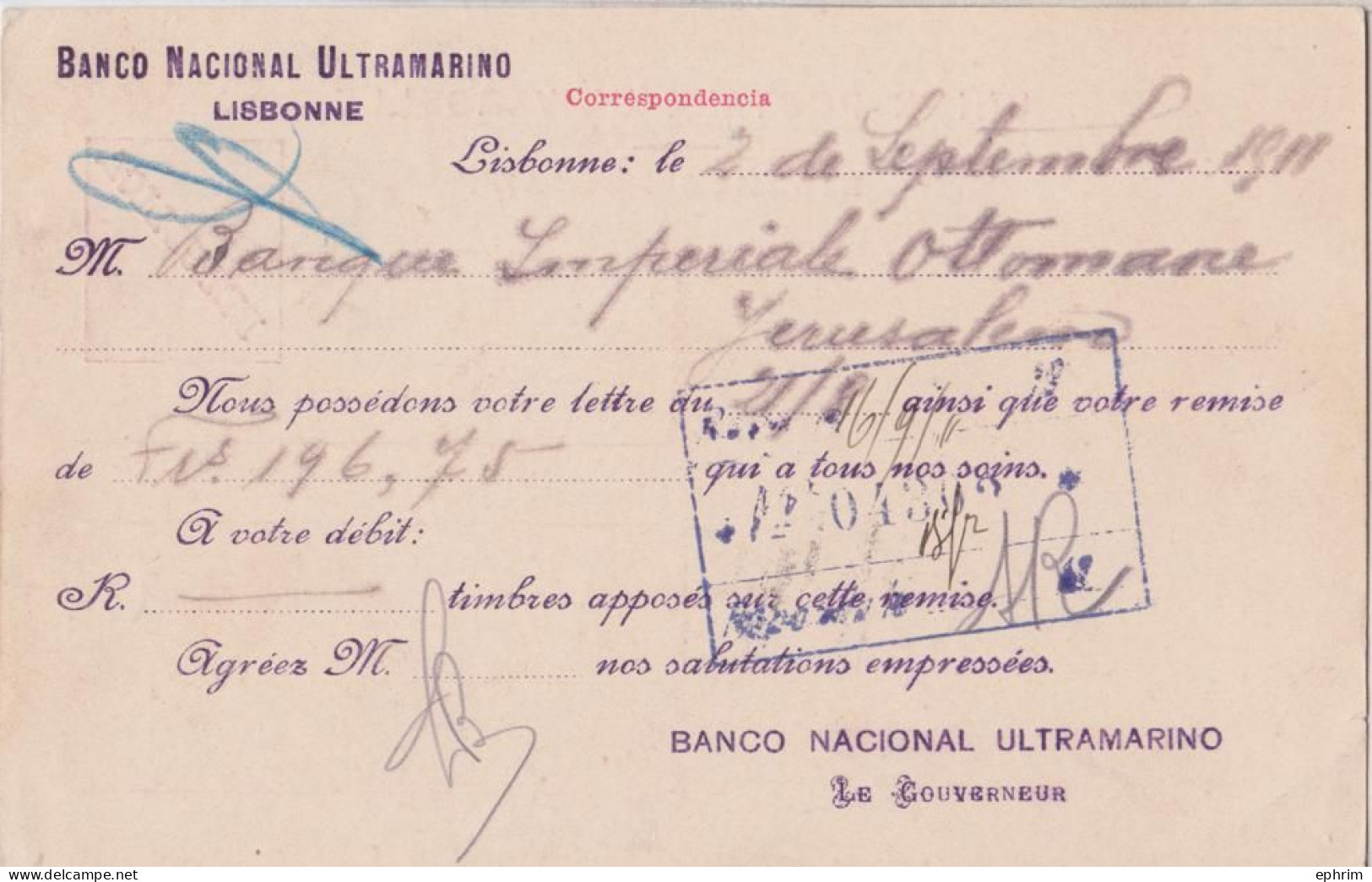 Lisbonne Portugal Entier Postal Repiquage Banco Nacional Ultramarino Pour Banque Impériale Ottomane Jérusalem 1911 - Entiers Postaux