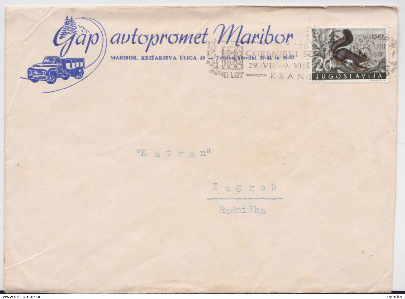 Yougoslavie Gap Autopromet Maribor Lettre Illustrée Camion Timbre Ecureuil Truck Squirrel Stamp Mail Cover Zagreb 1960 - Storia Postale