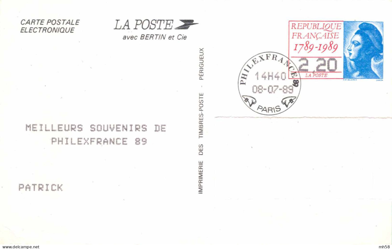 Entier FRANCE - Carte Postale électronique Philexfrance 89 Oblitéré - 2f20 Liberté Gandon Bleu - Pseudo-entiers Officiels